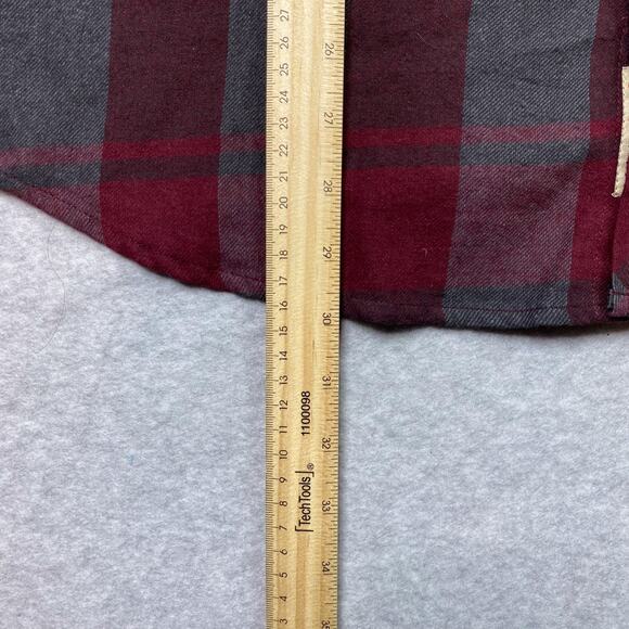 Triple Five Soul Mens L Hooded Shirt Long Sleeve Button Up Red Grey Plaid - Picture 6 of 9